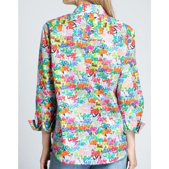 APNY Grafitti Love Print-Boyfriend Button Up Shirt-NWT-Cotton-Streetwear-XS - Picture 13 of 14
